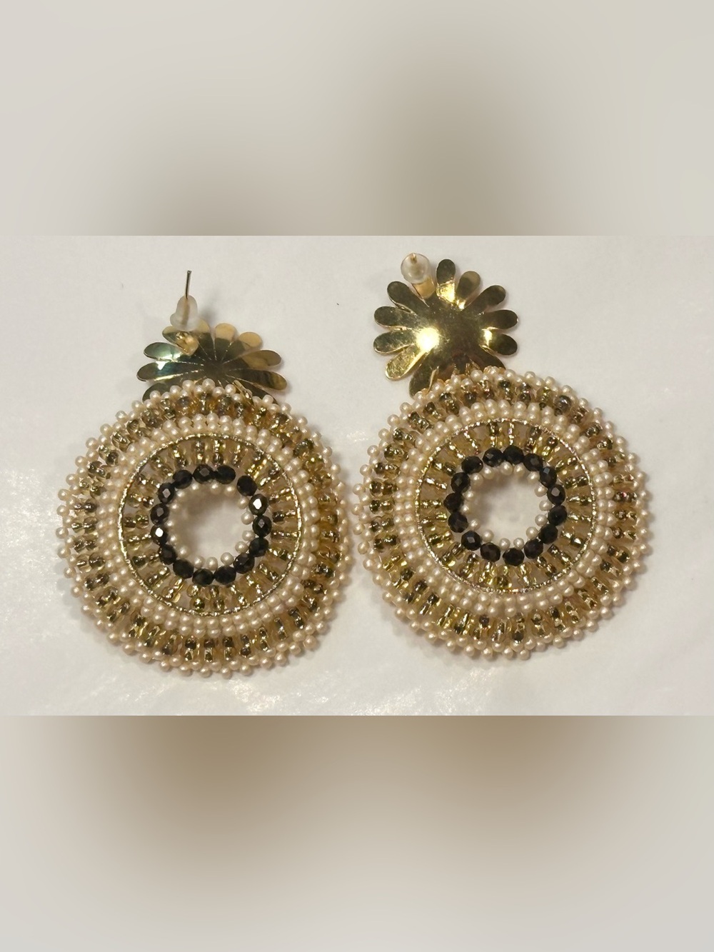 Gold Floral Beaded Statement Earrings Cream & Smoky Brown - Picture 6 of 6
